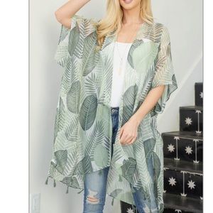 TROPICAL LEAF BOHO PRINT OPEN FRONT KIMONO - Sage & OLIVE green. NEW!